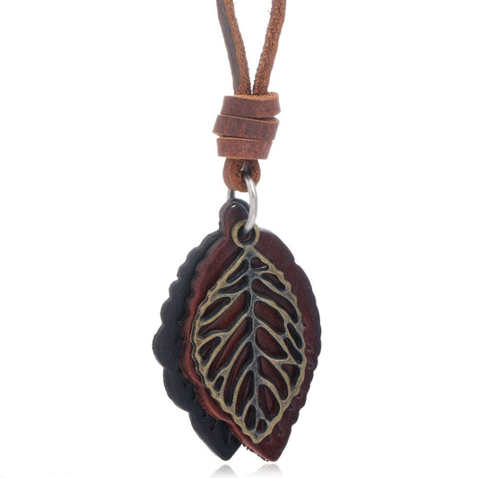 Necklace Pendant in Form Tree Leaf / Genuine Leather Necklace in Punk Style