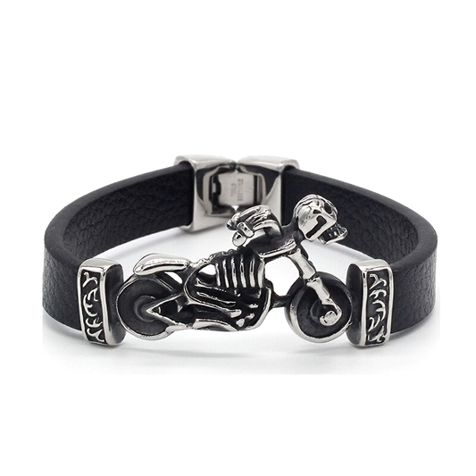 Stainless Steel Motor Skull Charms Leather Bracelet / Cool Black Biker Bracelets