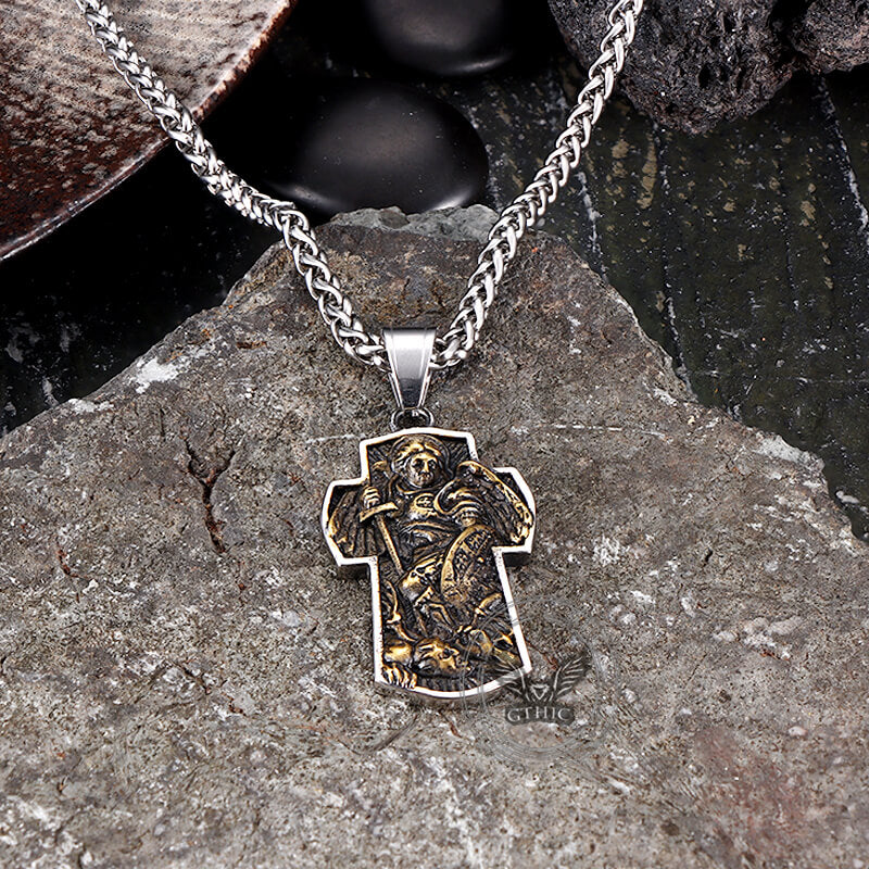 Archangel Saint Michael Cross Stainless Steel Pendant