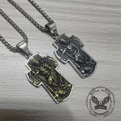 Archangel Saint Michael Cross Stainless Steel Pendant