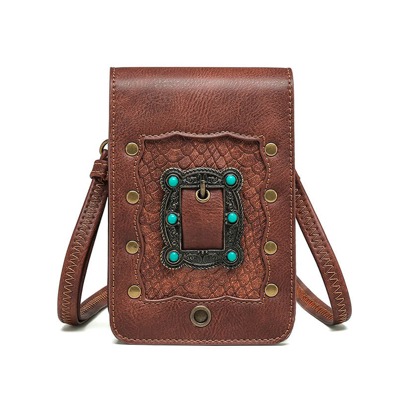 Brown Turquoise Inlaid Leather Bag