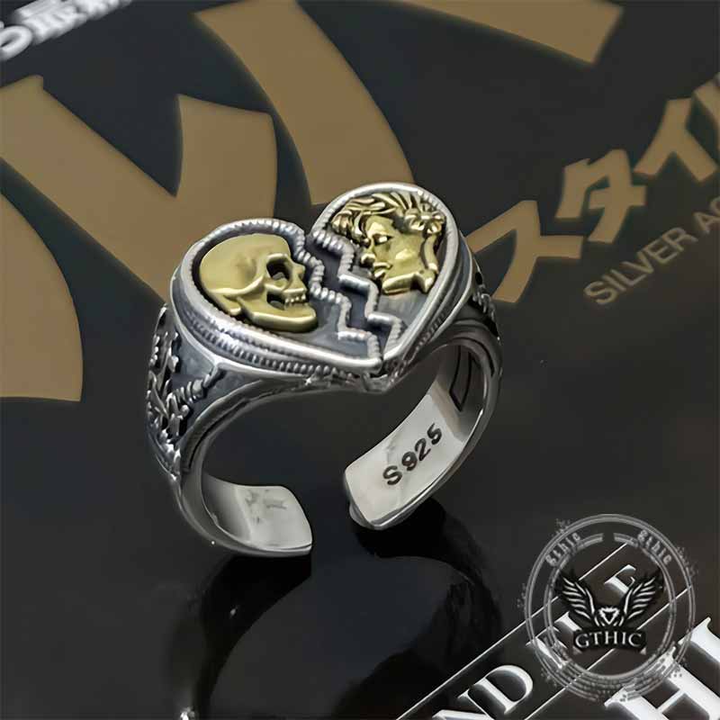 Cracked Heart Skull Sterling Silver Open Ring
