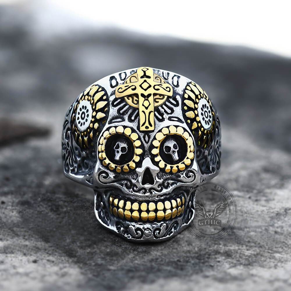 Cross Stainless Steel Sugar Skull Ring
