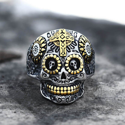 Cross Stainless Steel Sugar Skull Ring
