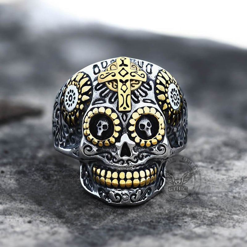 Cross Stainless Steel Sugar Skull Ring