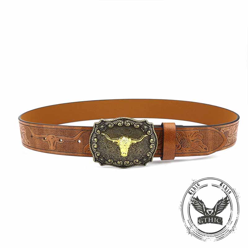 Embossed Bull Western Cowboy Pu Leather Belt