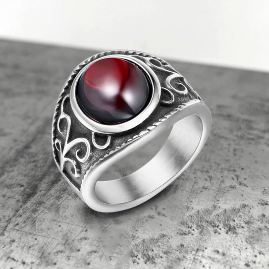 Engraved Flowers Ruby Stainless Steel Ring