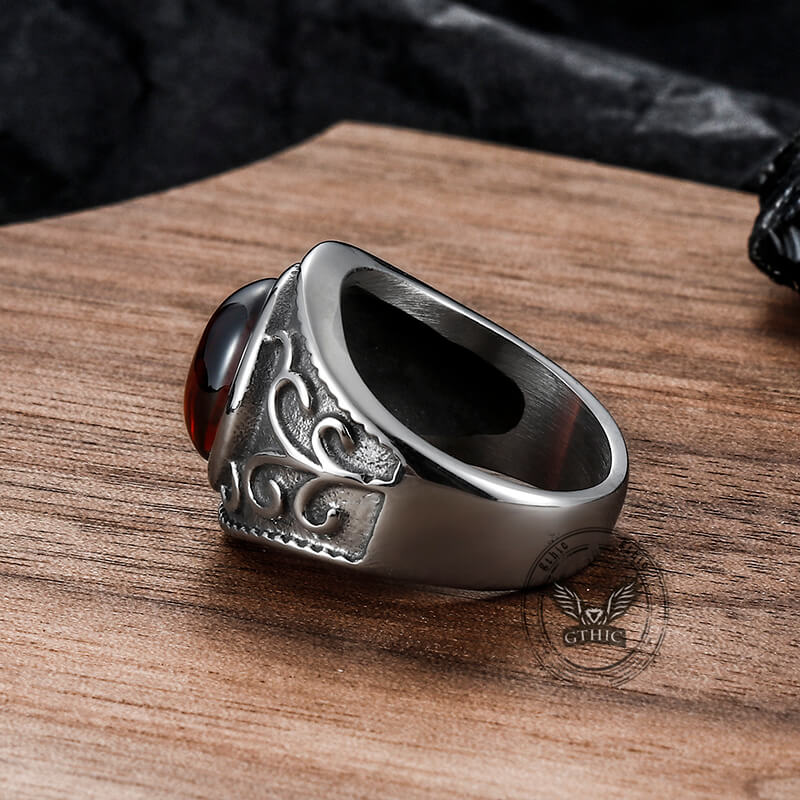 Engraved Flowers Ruby Stainless Steel Ring