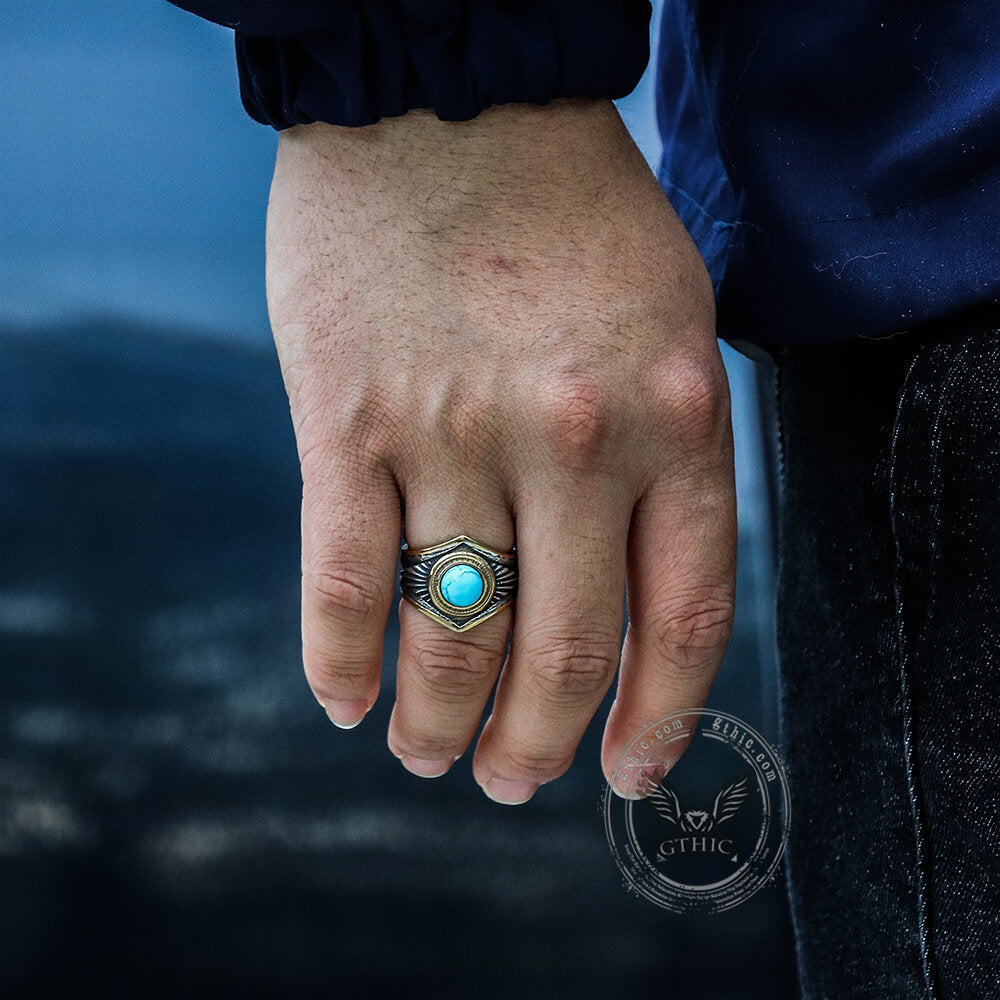 Feather Inlaid Turquoise Stainless Steel Ring