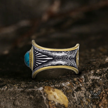 Feather Inlaid Turquoise Stainless Steel Ring