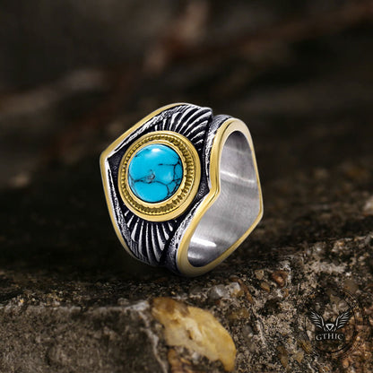 Feather Inlaid Turquoise Stainless Steel Ring