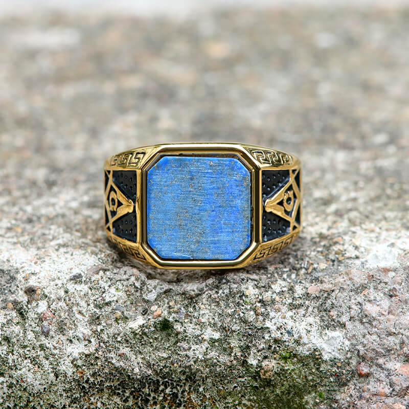 Frosted Lapis Lazuli Masonic Stainless Steel Ring