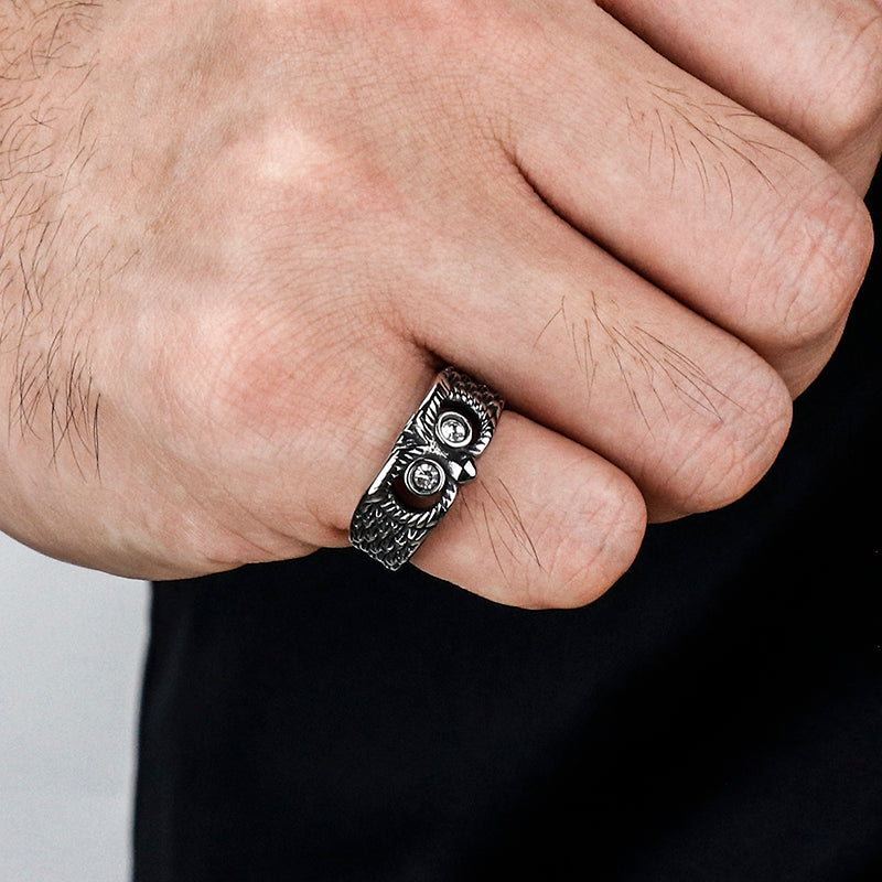 Gem-set Owl Stainless Steel Ring