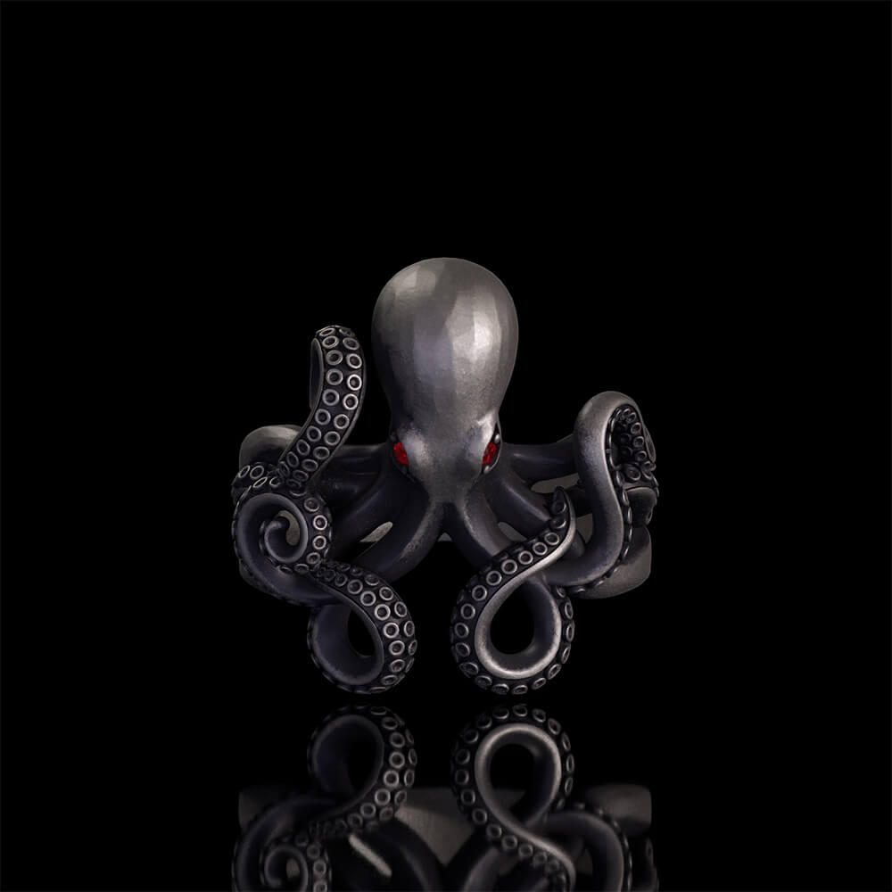 Gem Eye Octopus Tentacle Sterling Silver Marine Ring