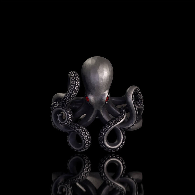 Gem Eye Octopus Tentacle Sterling Silver Marine Ring