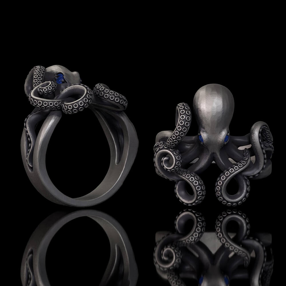 Gem Eye Octopus Tentacle Sterling Silver Marine Ring