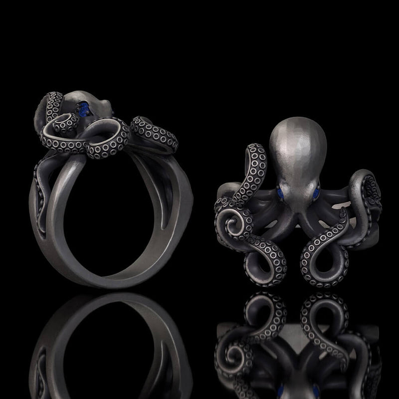 Gem Eye Octopus Tentacle Sterling Silver Marine Ring