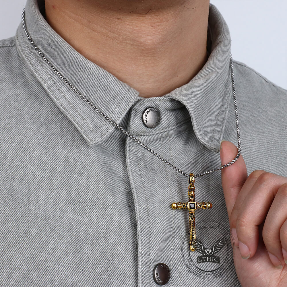 Gemstone Cross Skull Stainless Steel Pendant