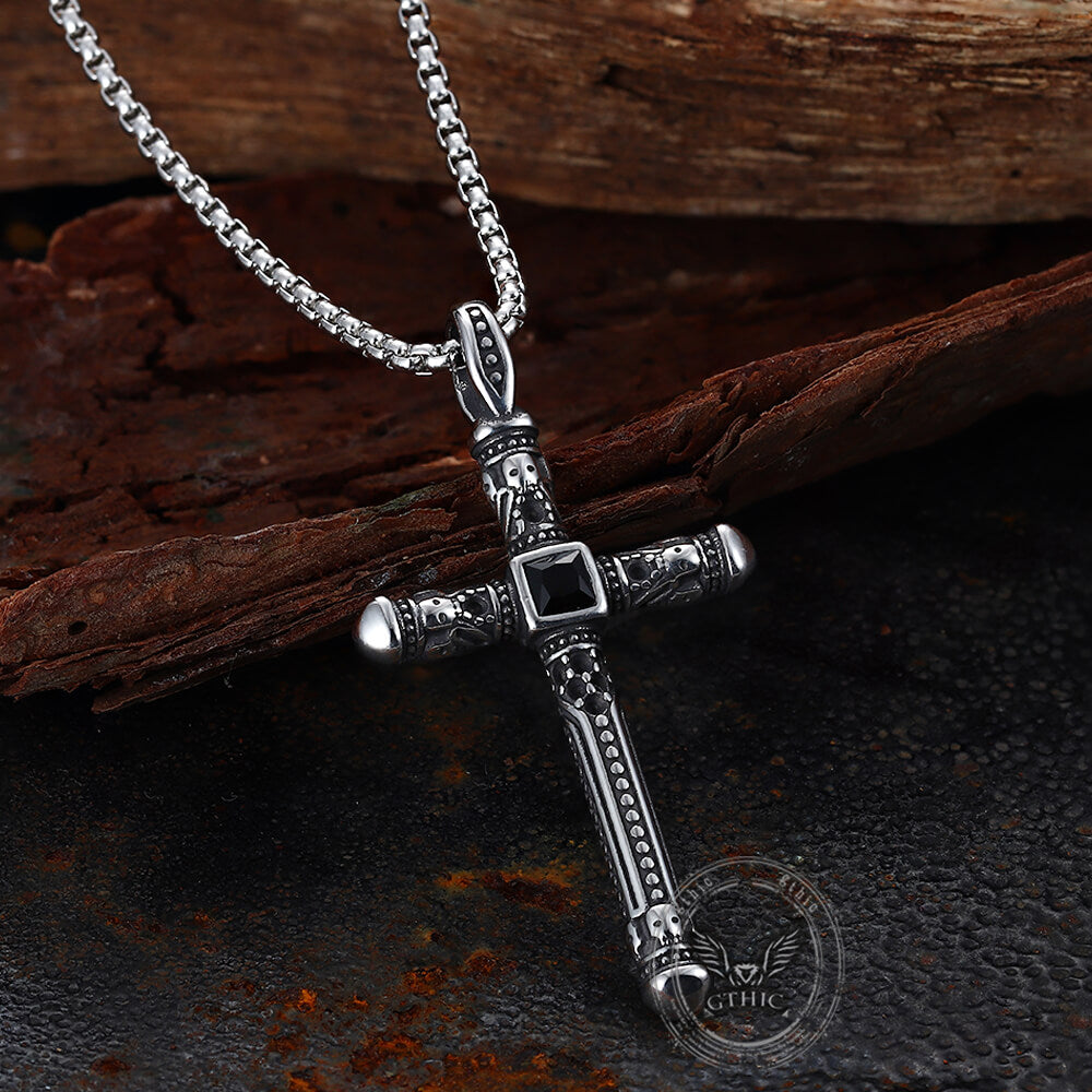 Gemstone Cross Skull Stainless Steel Pendant