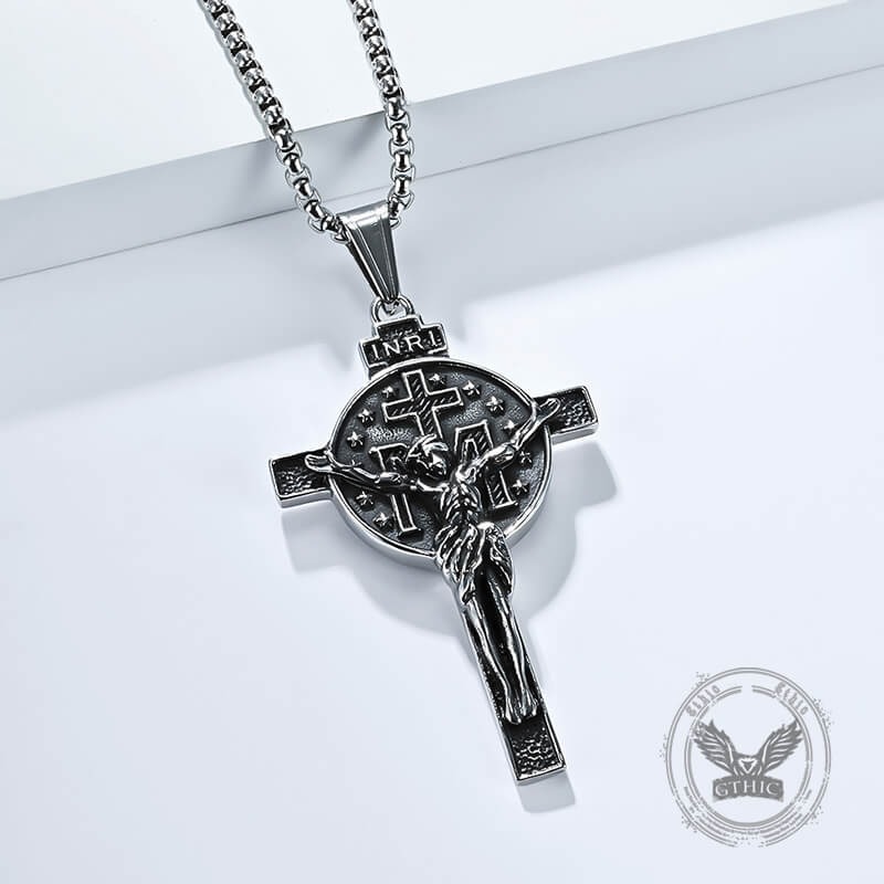 Jesus Suffering Inri Cross Stainless Steel Pendant