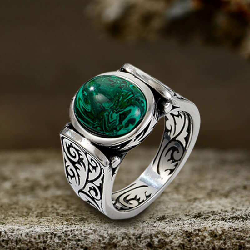 Malachite Inlaid Stainless Steel Gemstone Ring