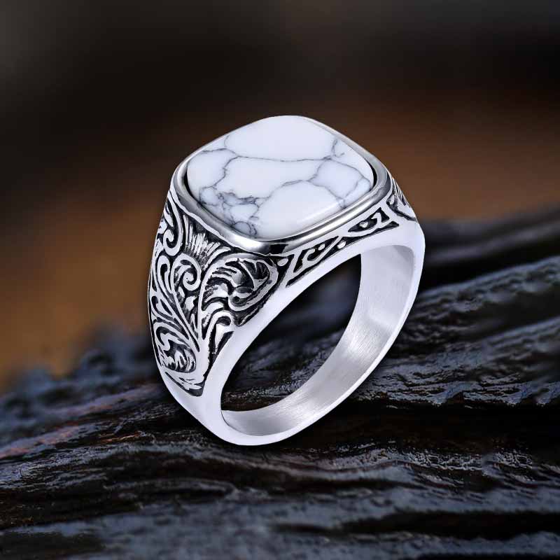 Pattern Square Turquoise Stainless Steel Ring
