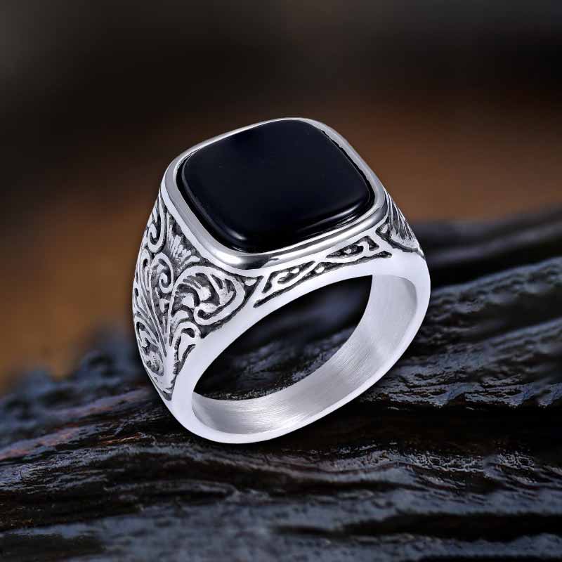 Pattern Square Turquoise Stainless Steel Ring