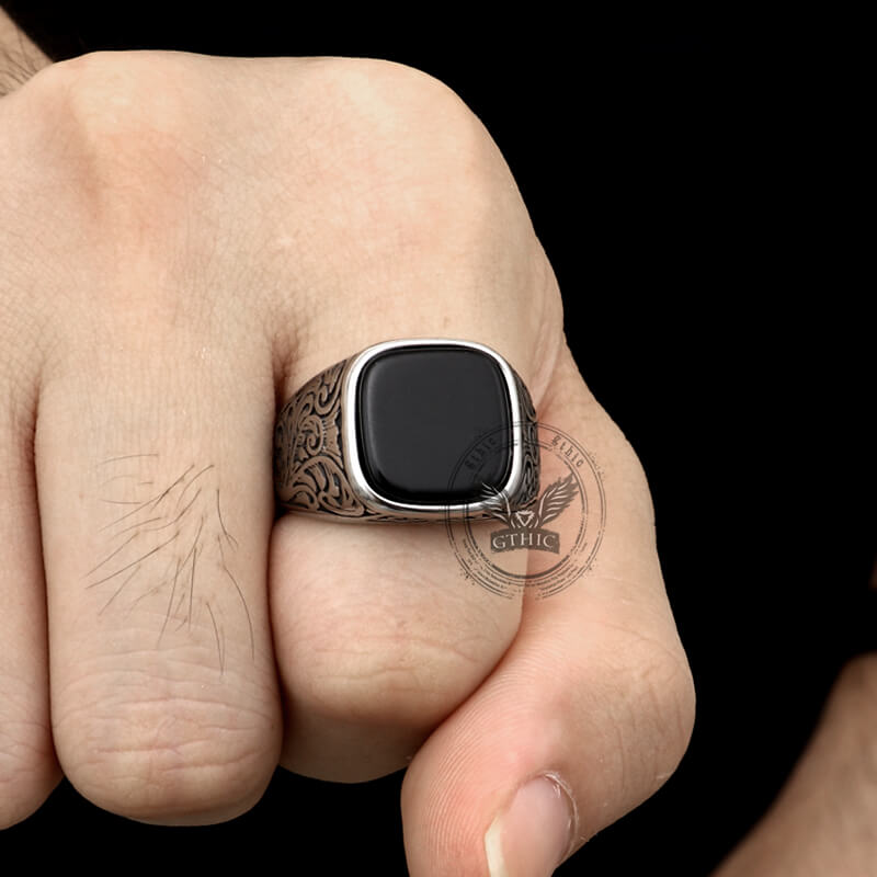Pattern Square Turquoise Stainless Steel Ring