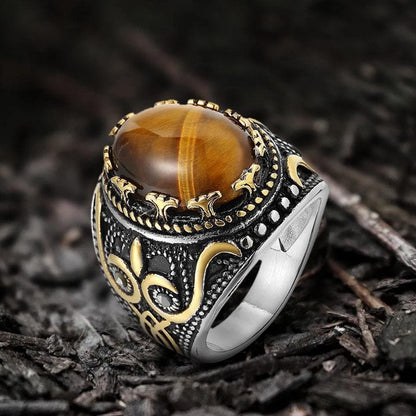 Pattern Turquoise Tiger-eye Stainless Steel Ring