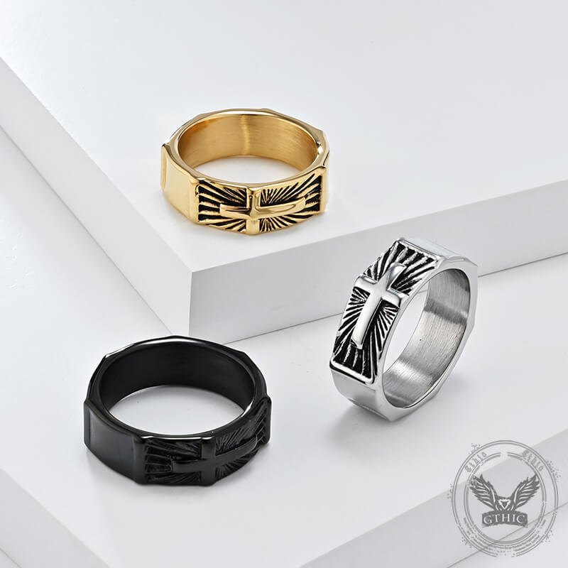 Polished Cross Pattern Stainless Steel Ring