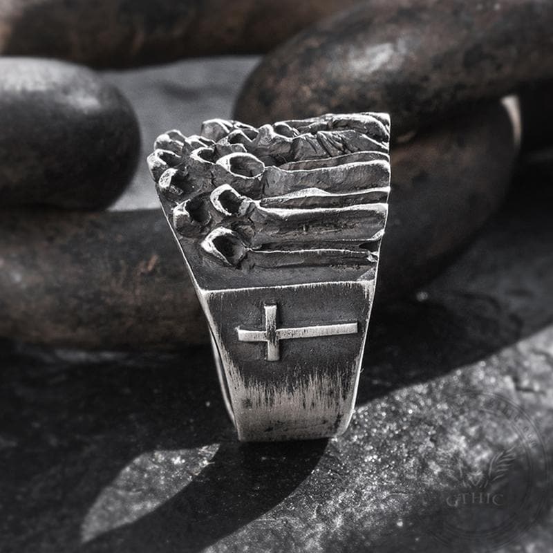 Ruin Cross Brass Sterling Silver Skull Ring