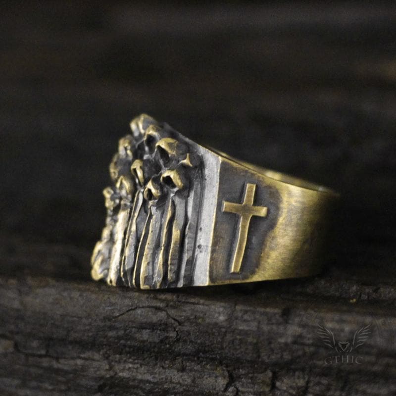 Ruin Cross Brass Sterling Silver Skull Ring
