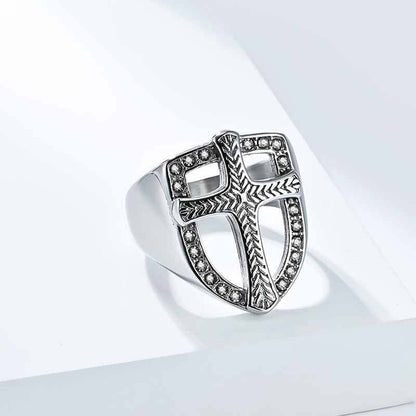 Shield Cross Diamond Stainless Steel Ring