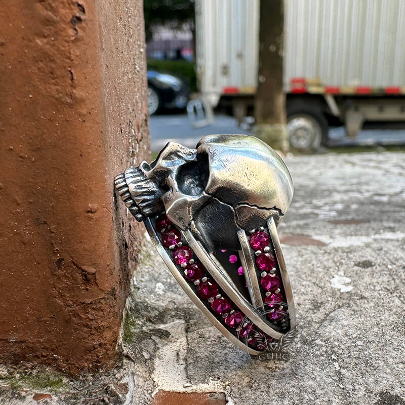 Skull Zircon-set Knot Band Sterling Silver Ring