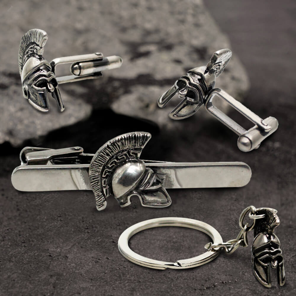 Spartan Helmet Brass Cufflinks Tie Clip