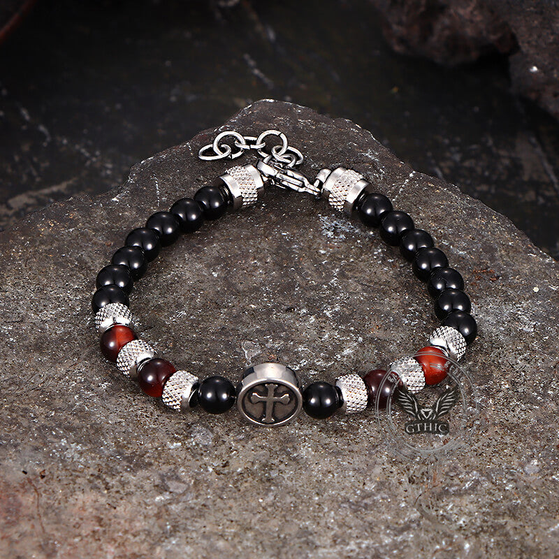 Tiger Eye Cross Stainless Steel Beaded Bracelet
