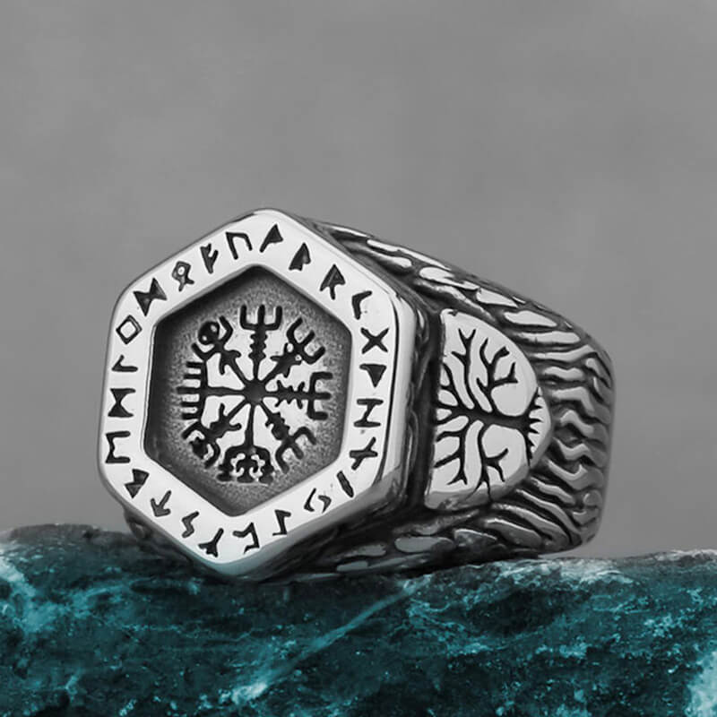 Tree of Life Vegvisir Rune Stainless Steel Viking Ring