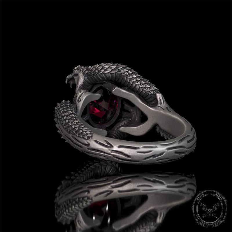 Two Dragons Playing With Gem Sterling Silver Ring