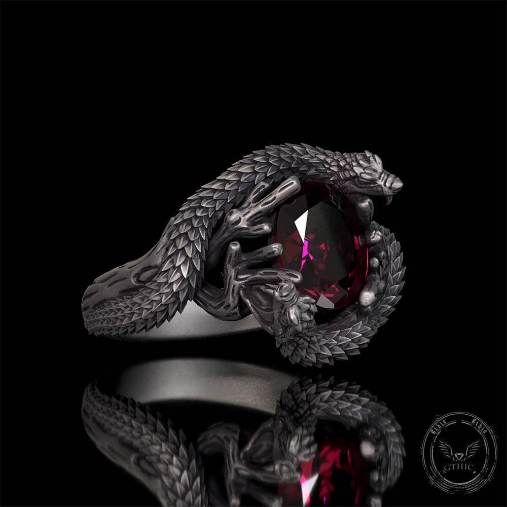 Two Dragons Playing With Gem Sterling Silver Ring