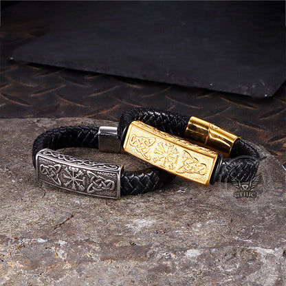 Viking Rune Stainless Steel Leather Bracelet
