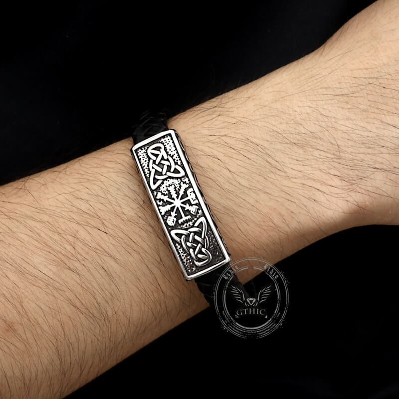Viking Rune Stainless Steel Leather Bracelet