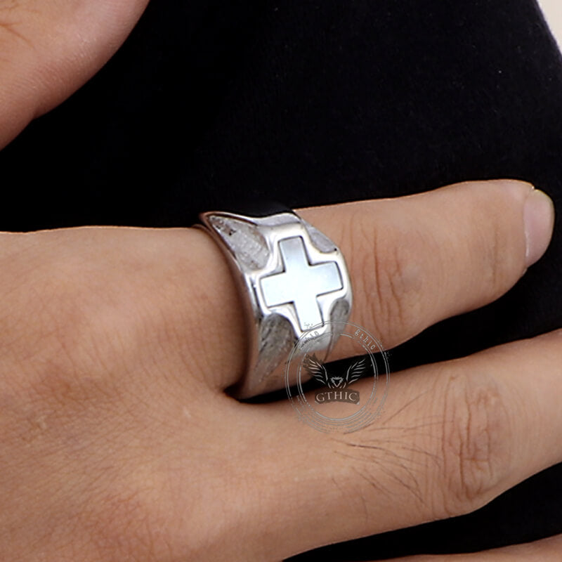White Shell Cross Stainless Steel Ring