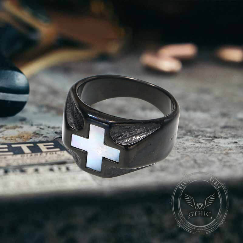 White Shell Cross Stainless Steel Ring