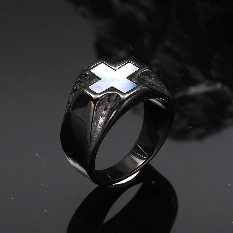 White Shell Cross Stainless Steel Ring
