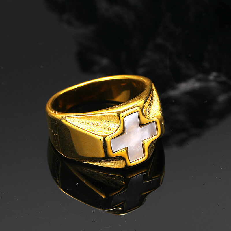 White Shell Cross Stainless Steel Ring
