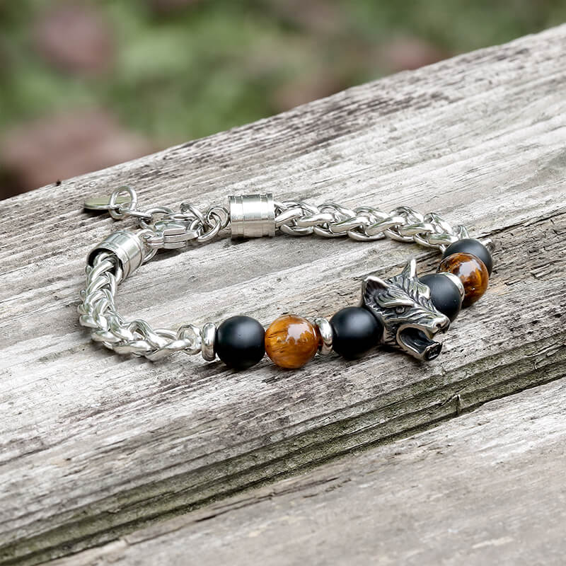 Wolf Head Tiger’s Eye Stainless Steel Bracelet