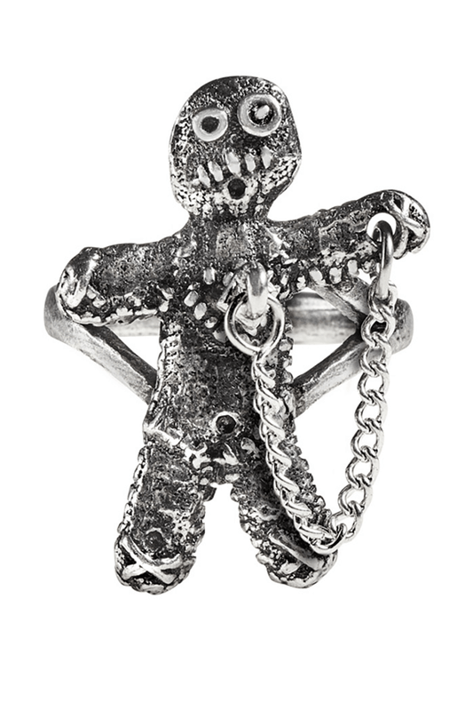 Voodoo Doll Pewter Ring With Safety Chain and Peg-pin