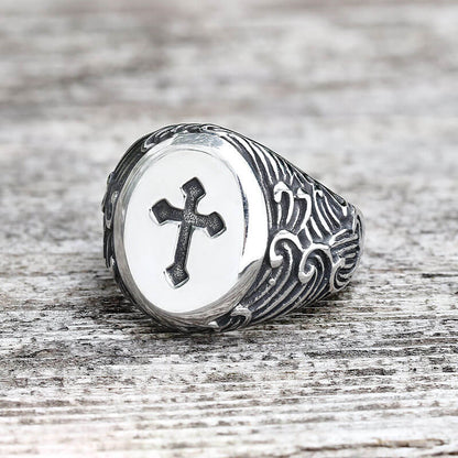 Wave Pattern Budded Cross Stainless Steel Ring