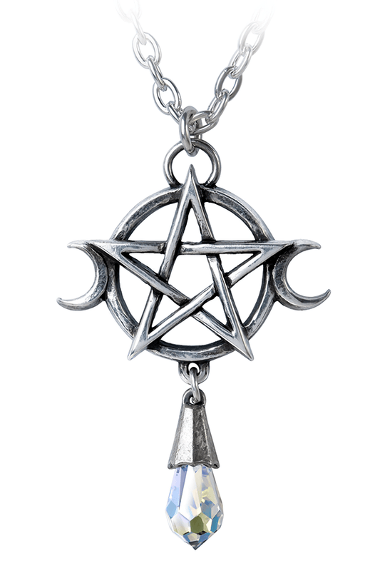 Wiccan Goddess Triple Moon Pendant With Crystal Drop