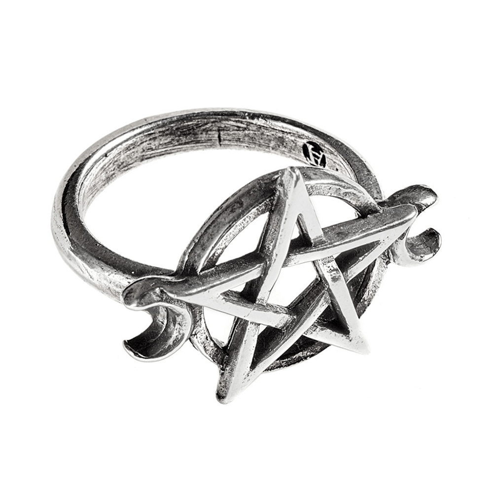 Wiccan Pentagram and Crescent Moon Pewter Ring